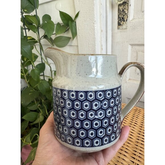 Vintage MCM Midcentury Stoneware Gray and Blue Water Pitcher - Picture 2 of 8